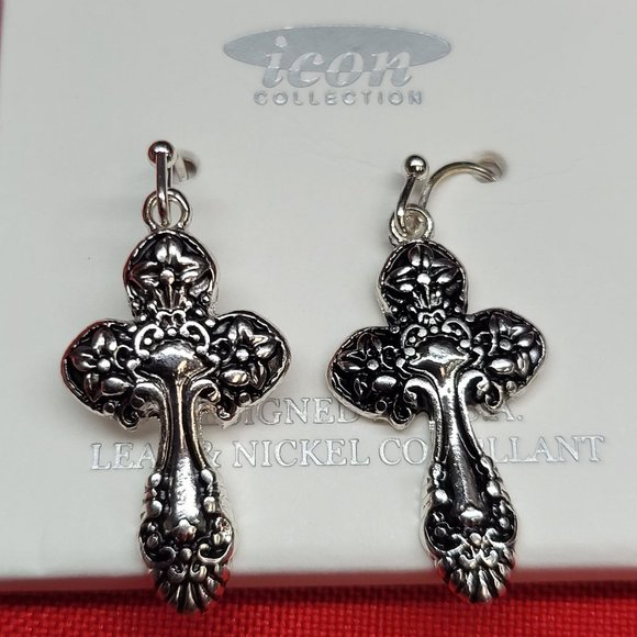 Icon Collection Silver Tone Cross Necklace & Earrings Set - Picture 3 of 12